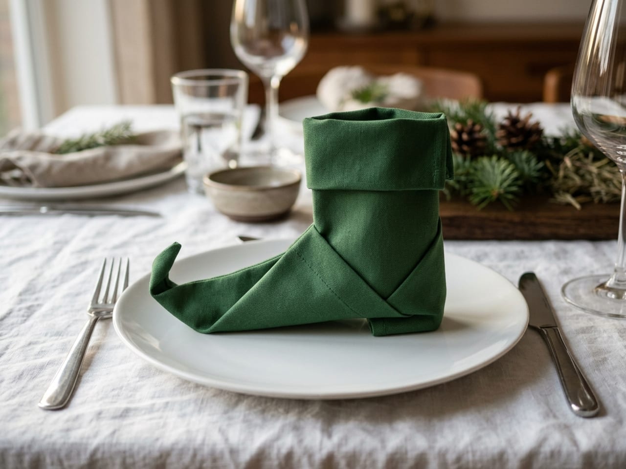 A green cloth napkin folded into a small standing boot with a long pointed, slightly curled toe and a turned-down cuff, like an elf’s shoe, on a white dinner plate
