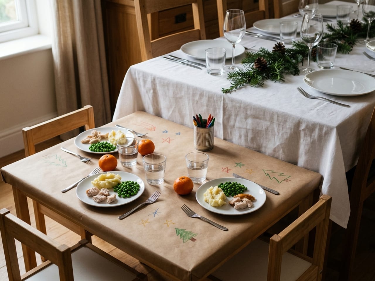A small low table pushed against the end of a dining table and set for children: a kraft paper cover trimmed flush with the table edge, with crayon drawings of stars and fir trees, crayons in a tin, small white plates of cut-up turkey, mashed potatoes and peas, short tumblers of water and a clementine at each place