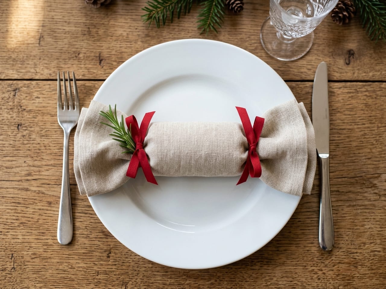 A natural linen napkin wrapped round a tube and tied at both ends with red ribbon so it looks like a Christmas cracker, with a sprig of rosemary under one bow, lying across a white dinner plate