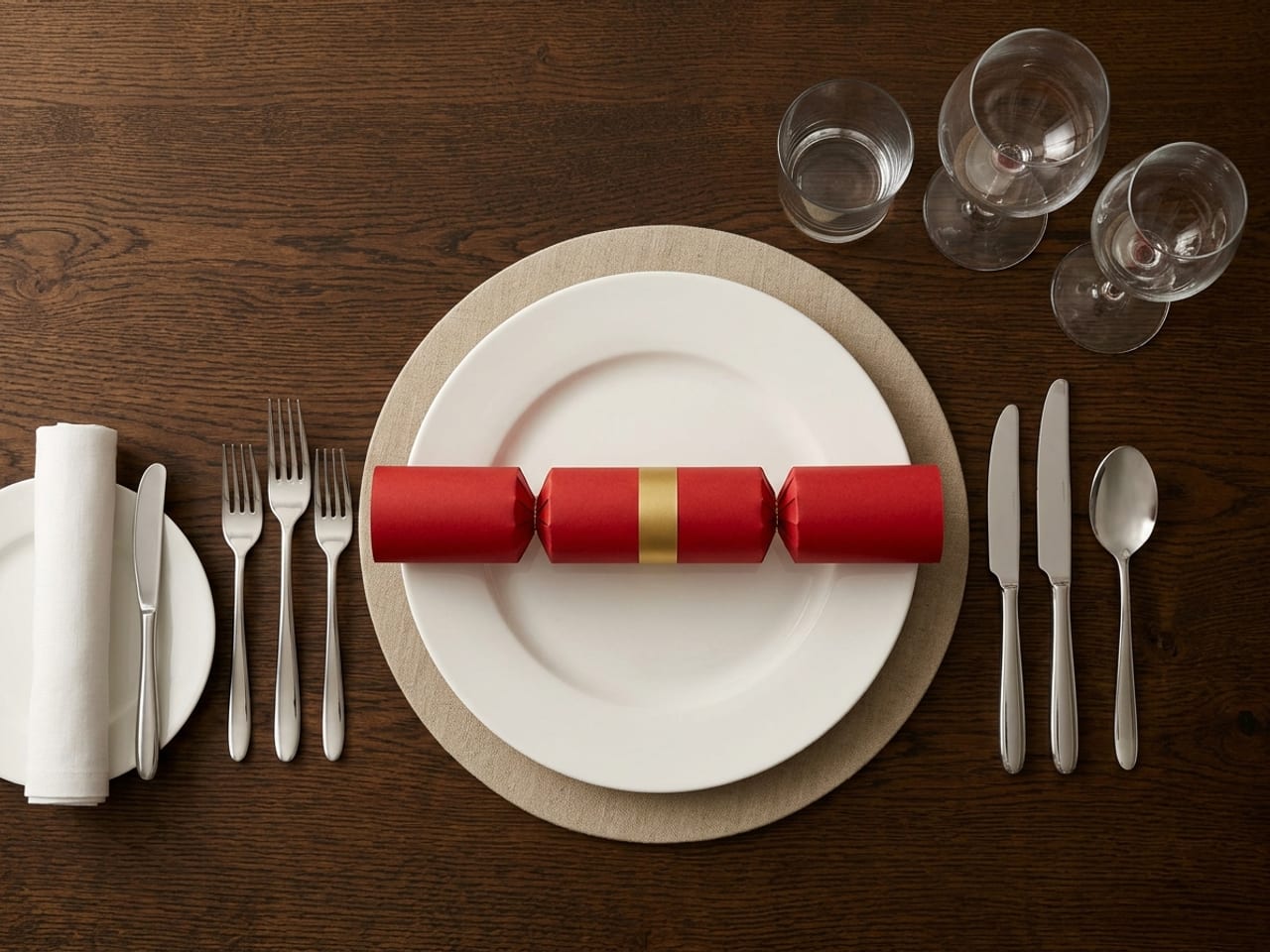 A British Christmas place setting from directly above: a white dinner plate on a round table mat with a red Christmas cracker lying across the middle of it, three forks on the left and two knives and a pudding spoon on the right, a side plate to the left of the forks with a rolled white napkin and a butter knife on it, and a water tumbler and two wine glasses above the knives