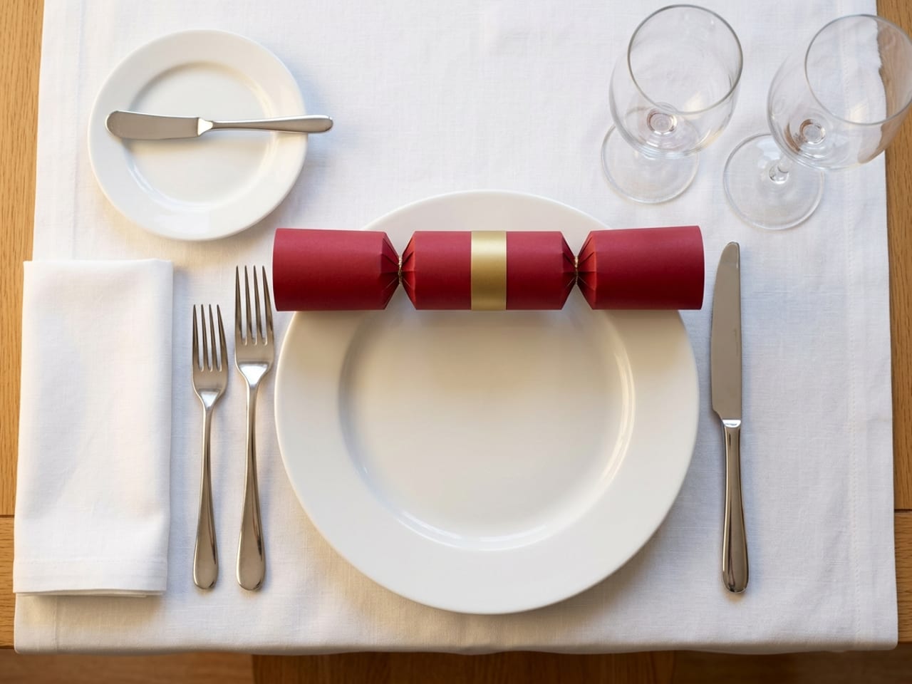 An American Christmas place setting from directly above: a white dinner plate with a red Christmas cracker lying across its top, two forks on the left with a folded white napkin beside them, one knife on the right, a small bread plate with a butter spreader at the upper left, and two stemmed glasses, one for water and one for wine, at the upper right