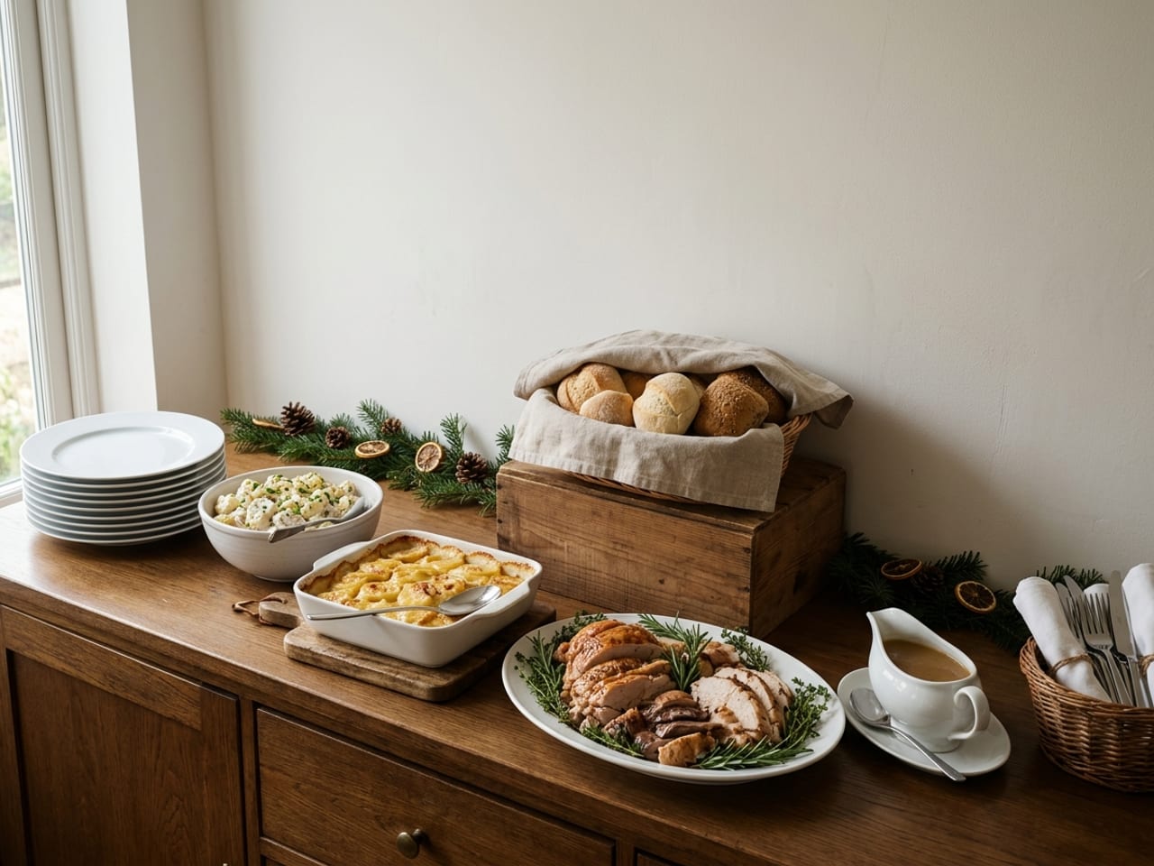 A Christmas buffet on a wooden sideboard, in line order from left to right: stacked white plates, a bowl of potato salad, scalloped potatoes on a trivet, a platter of carved turkey with a gravy boat beside it, a basket of rolls raised on a crate at the back, cutlery rolled in napkins at the far end, and a fir garland with dried orange slices along the wall behind the dishes