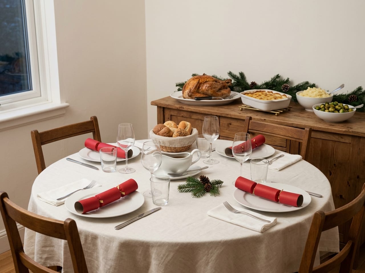 A small round table set for four for Christmas dinner with white plates, a red cracker on each, a gravy boat, a bread basket and one fir sprig with a pine cone in the middle, and the roast turkey, potatoes and vegetables set out on a wooden sideboard behind it
