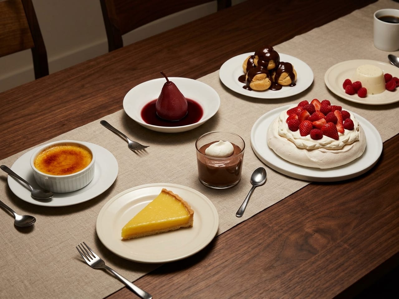 A dinner table in evening light set with plated desserts, among them crème brûlée in a ramekin, a wedge of lemon tart, chocolate mousse in a glass, a pavlova with berries, a poached pear and profiteroles with chocolate sauce