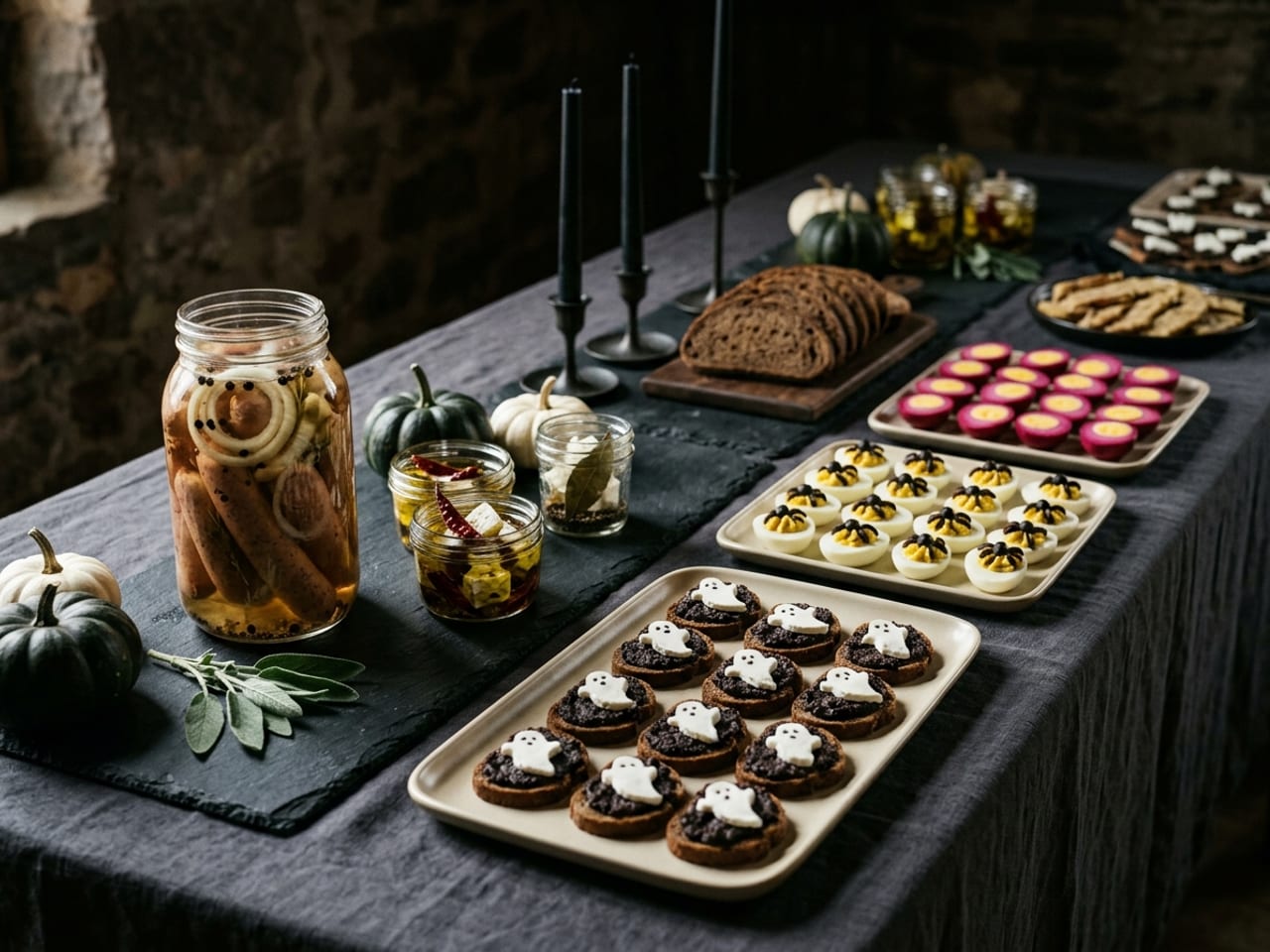 The adults’ end of a Halloween table: jars of pickled sausages and marinated cheese, black tapenade crostini with white ghosts and deviled egg grids on pale plates over black slate