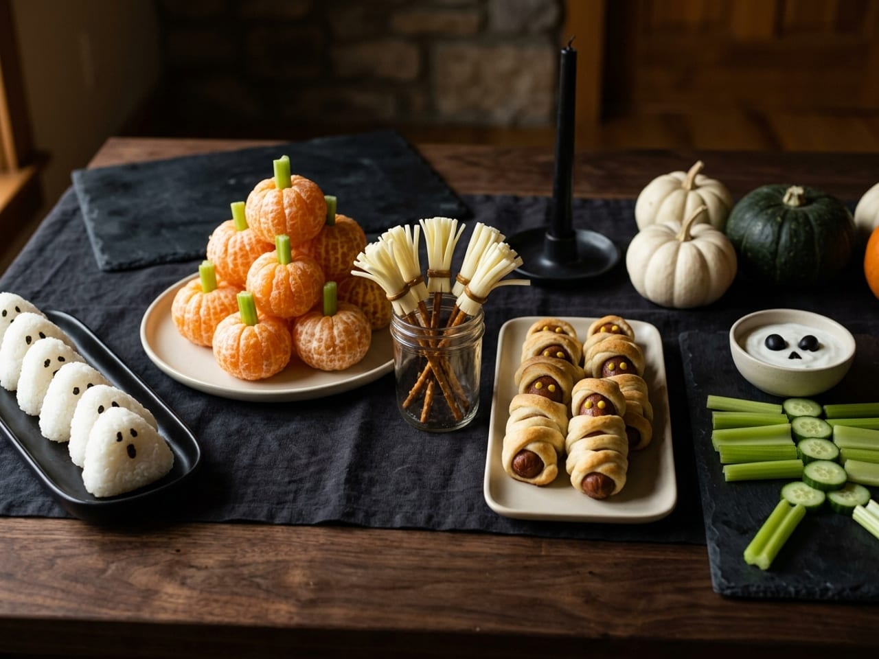 The kids’ end of a Halloween table: ghost onigiri, clementine pumpkins, string cheese brooms, mummy sausages and a vegetable skeleton on pale plates