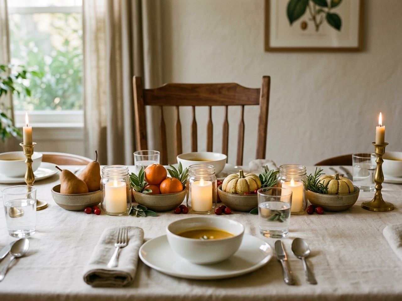View across a set Thanksgiving table from a seated diner’s eye level: a long low centerpiece of small stoneware bowls and glass jars with pears, clementines, small squash, sage and flameless candles, with a clear line of sight to the empty chair opposite