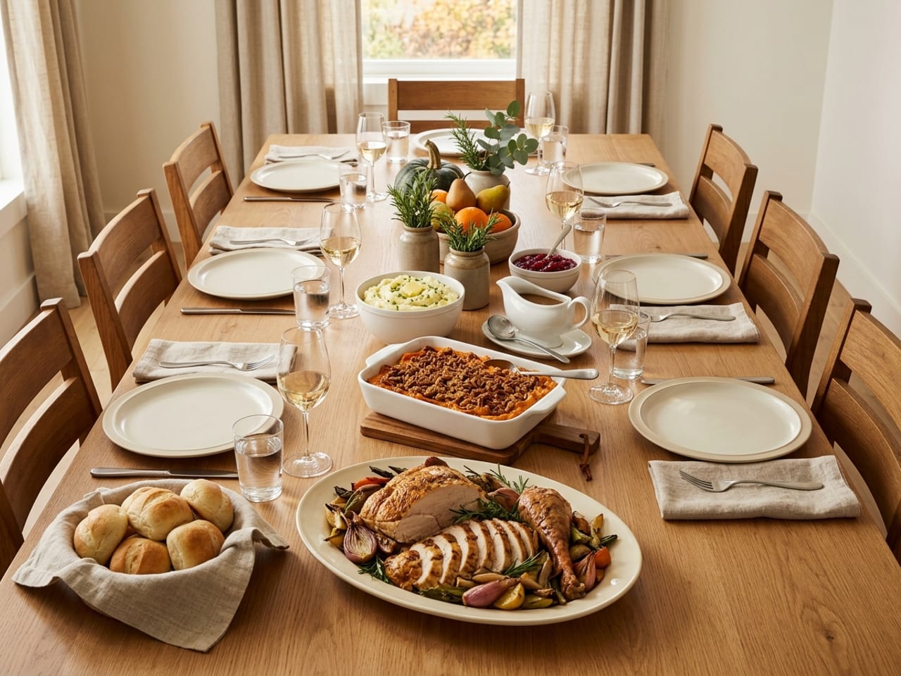 A long Thanksgiving table set with the food on it: carved turkey, sweet potato casserole, gravy and rolls down a clear center strip, with a low centerpiece of pears, squash and short candles