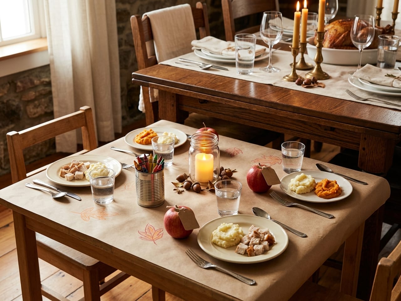 A small kids’ table pushed against the end of a dining table, covered in kraft paper with crayon leaf drawings, crayons in a tin, small plates of cut-up turkey and sweet potato, small tumblers, an LED candle in a jar and apples with blank paper tags