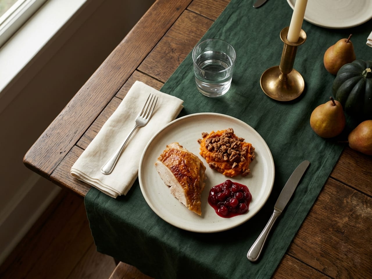 A corner of a Thanksgiving table: a forest-green linen runner on oak, a pale cream plate of sliced turkey, sweet potato casserole and cranberry sauce, an ivory napkin, a clear glass and a brass candlestick