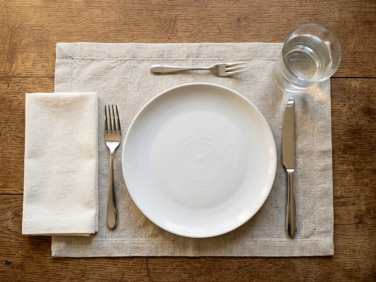 Overhead casual Thanksgiving place setting on a linen placemat: a white dinner plate, napkin and fork to the left, knife to the right, a water glass upper right and a dessert fork above the plate