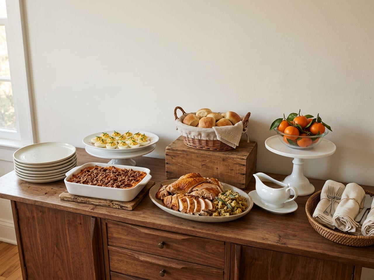 A Thanksgiving buffet on a wooden sideboard, left to right: stacked plates, deviled eggs on a low stand, sweet potato casserole and a turkey platter with gravy low at the front, rolls raised at the back, and cutlery rolled in napkins at the end