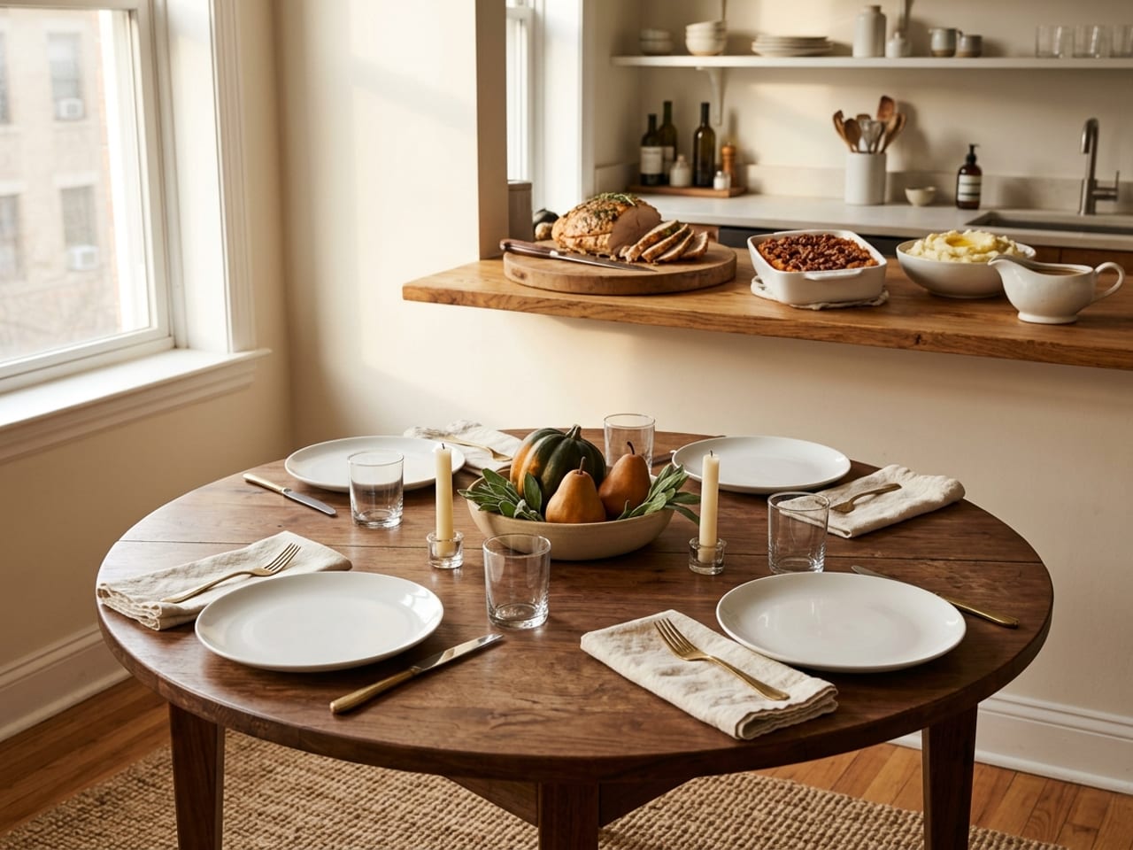 A small round table set for four in a small apartment with a low centerpiece, and the Thanksgiving food served from the kitchen counter behind it