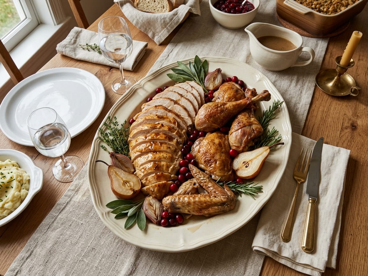 High-angle view of a carved roast turkey on a pale cream oval platter: sliced breast fanned down one side, whole drumsticks and thighs on the other, with sage, thyme and roasted shallots