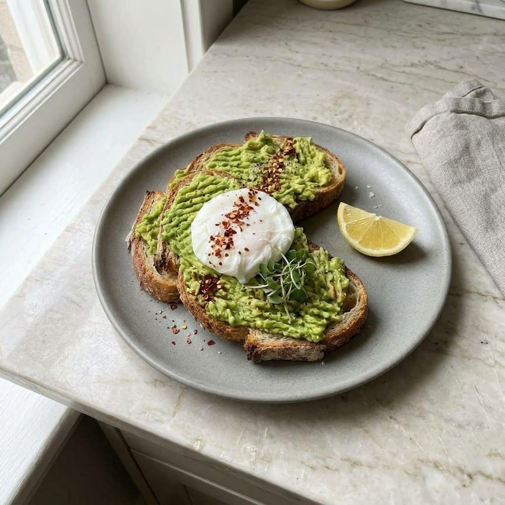 The same avocado toast restyled: overlapping slices, neat avocado ridges, the egg on top with a line of chili flakes and microgreens