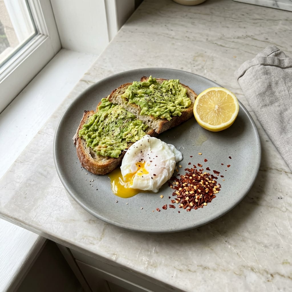 A test shot of avocado toast on a grey plate: avocado smeared over the crusts, the poached egg slid onto the plate, chili flakes in a clump