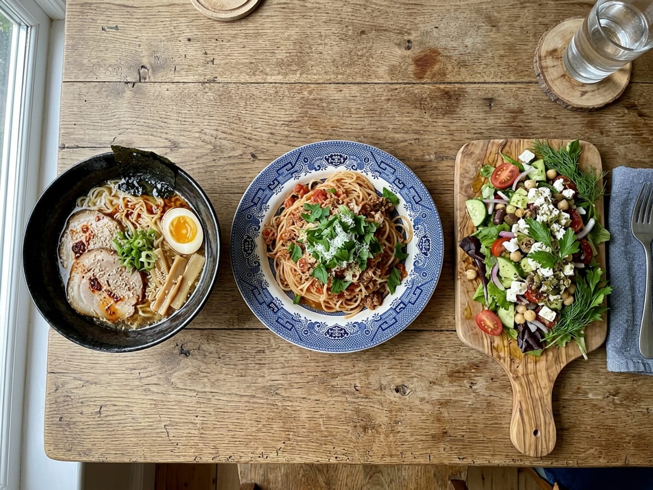 Ramen, pasta and a salad side by side, each on mismatched tableware in a different style