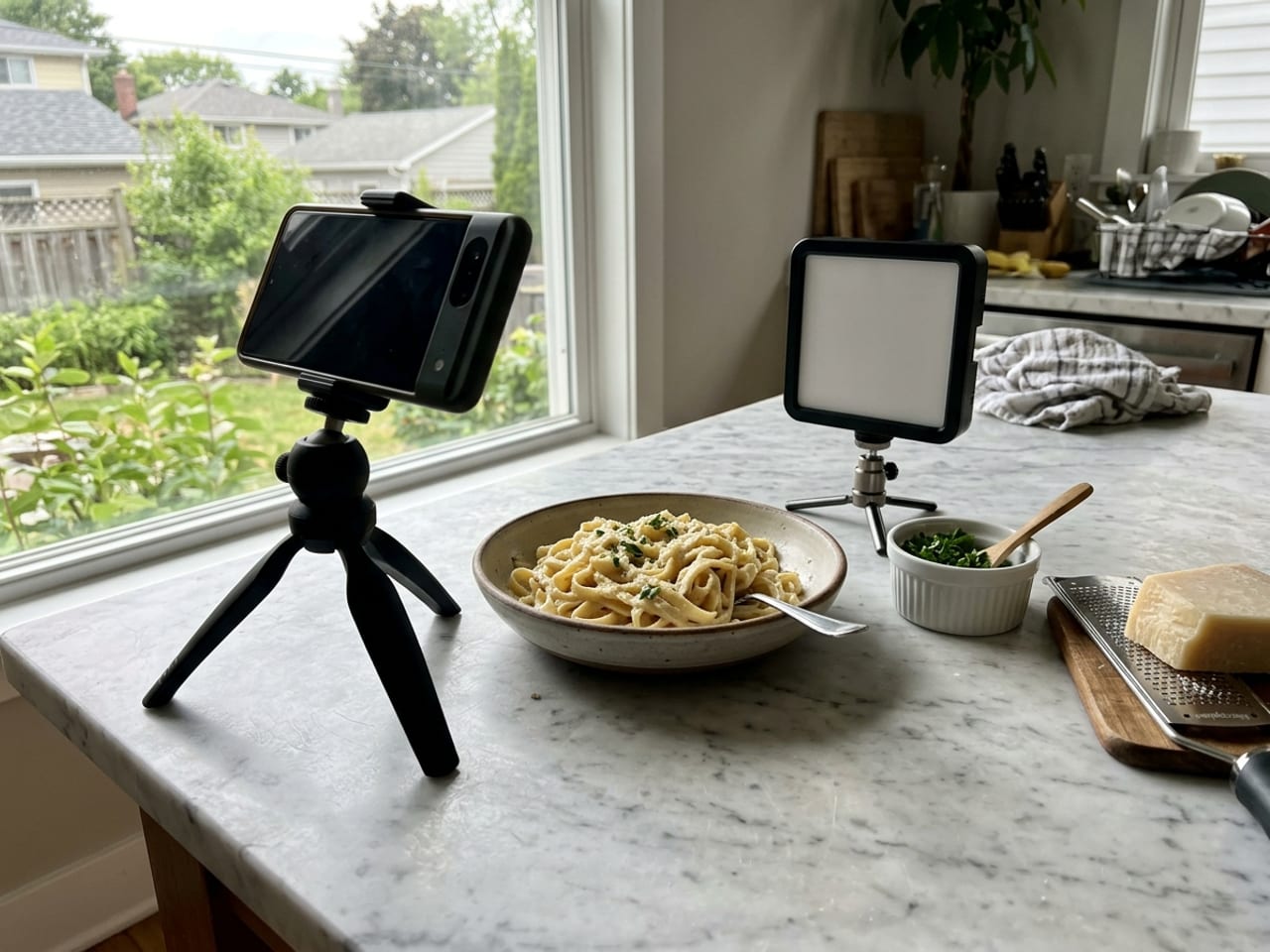 A phone on a tripod and an LED panel aimed at a bowl of pasta, with herbs and parmesan waiting unused beside it