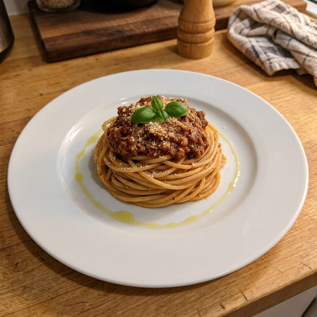 The same spaghetti bolognese re-plated: twirled into a tall nest, sauce spooned on top, basil leaves and a clean rim