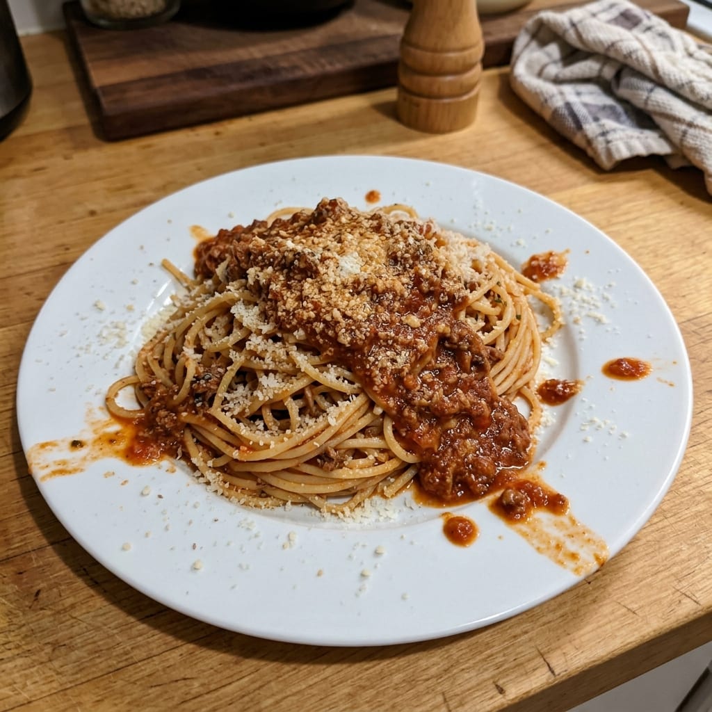 A home cook's phone photo of spaghetti bolognese heaped flat on a white plate, sauce and parmesan running onto the rim