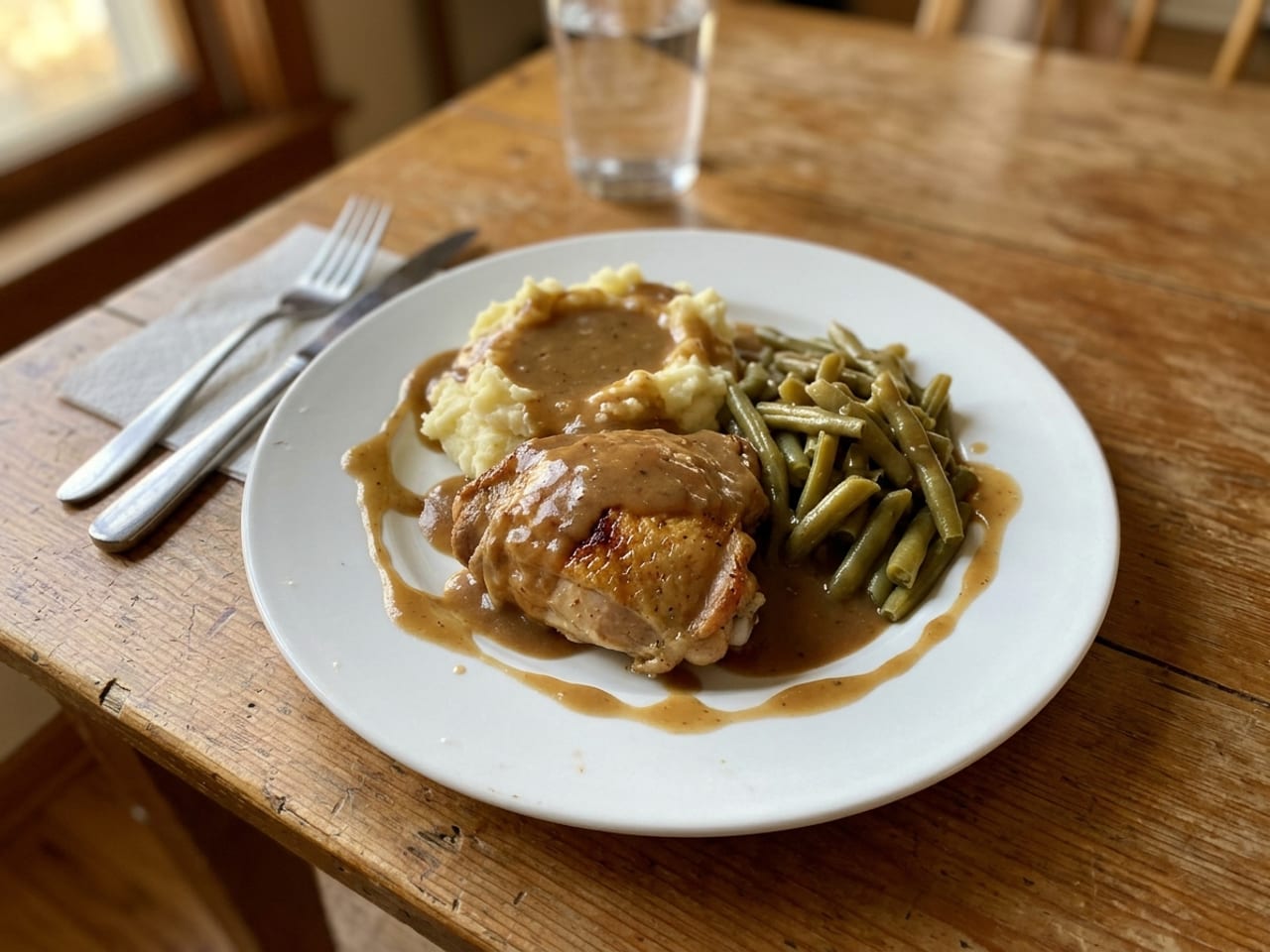 A roast chicken thigh, mashed potatoes and green beans pushed together on a white plate, gravy running to the rim