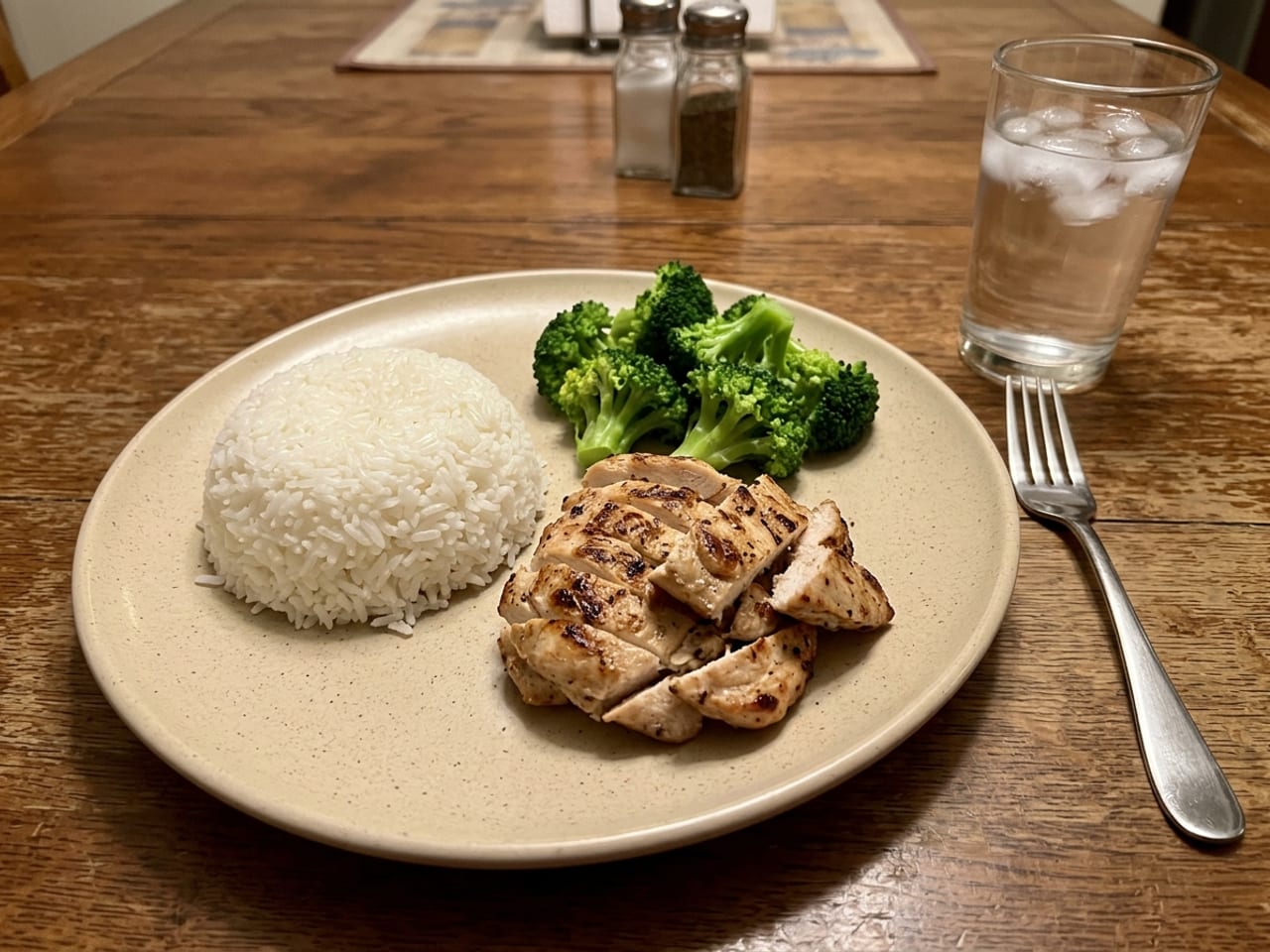Rice, sliced chicken and broccoli in three separate mounds on a beige plate
