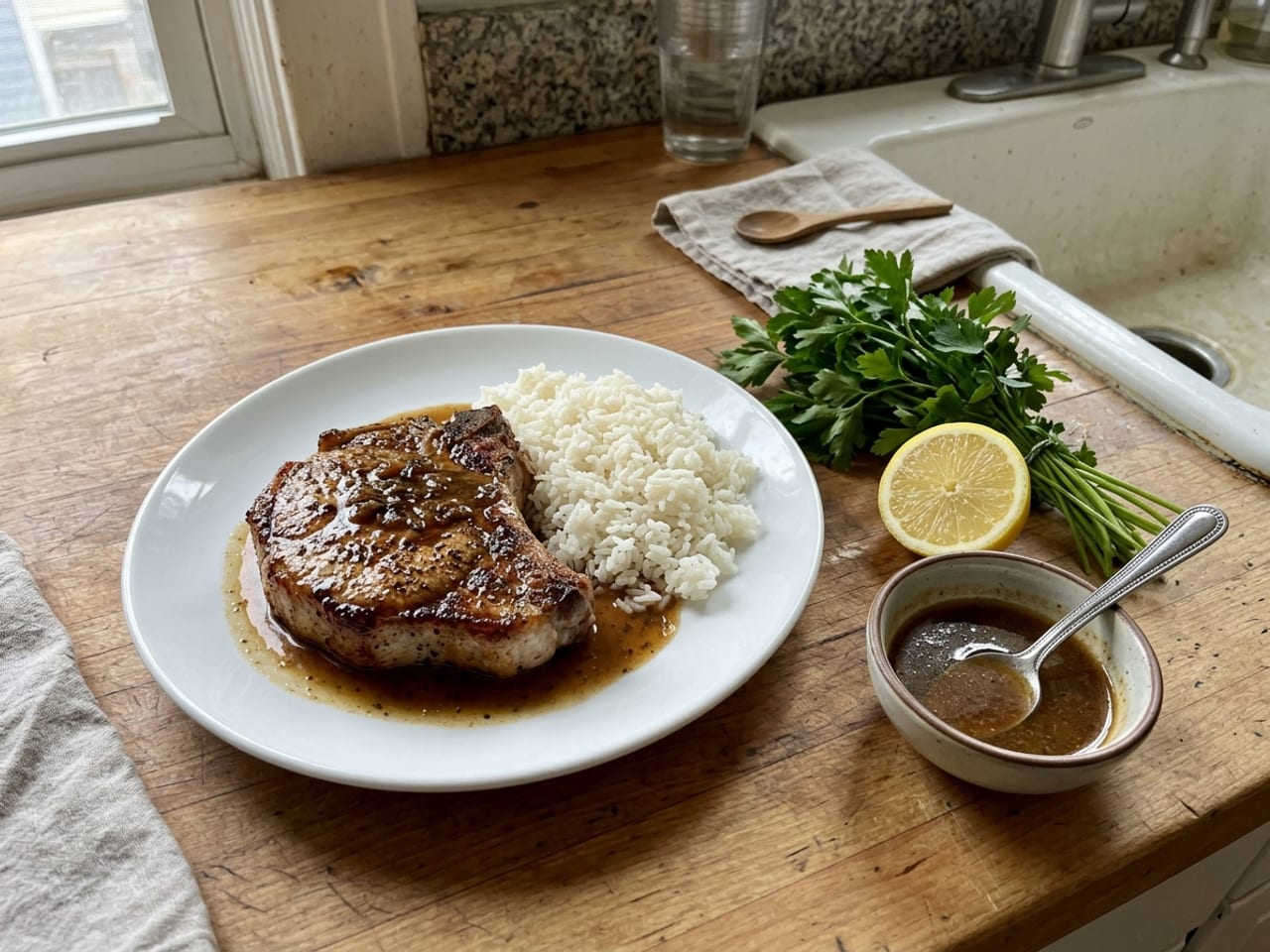 A plated pork chop with rice on a kitchen counter, with parsley, half a lemon and a bowl of sauce left untouched beside it
