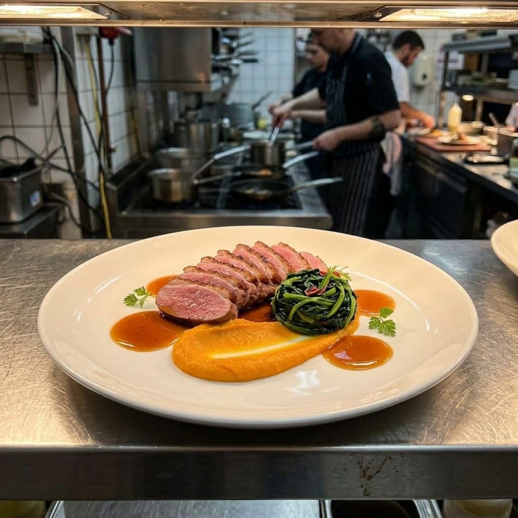 The same duck dish re-plated: slices fanned in an arc over a purée swoosh, a small nest of greens, neat sauce pools and a clean rim