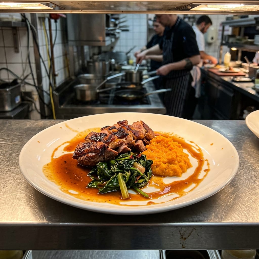 A phone photo at a restaurant pass: duck breast in uneven slices, a blob of carrot purée, clumped greens and orange sauce pooled to the rim
