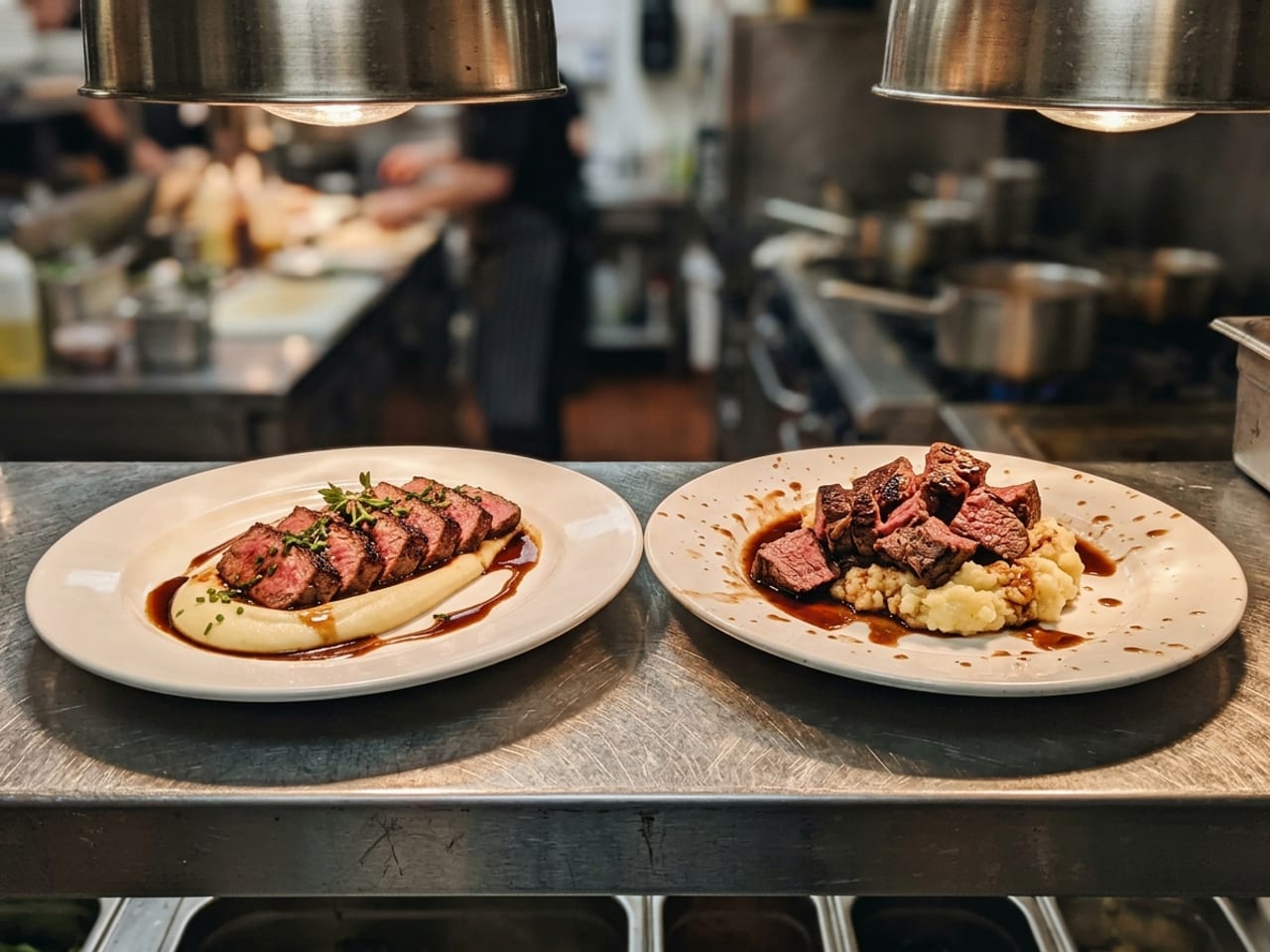 Two plates of the same steak dish at the pass, one neat and one sloppy