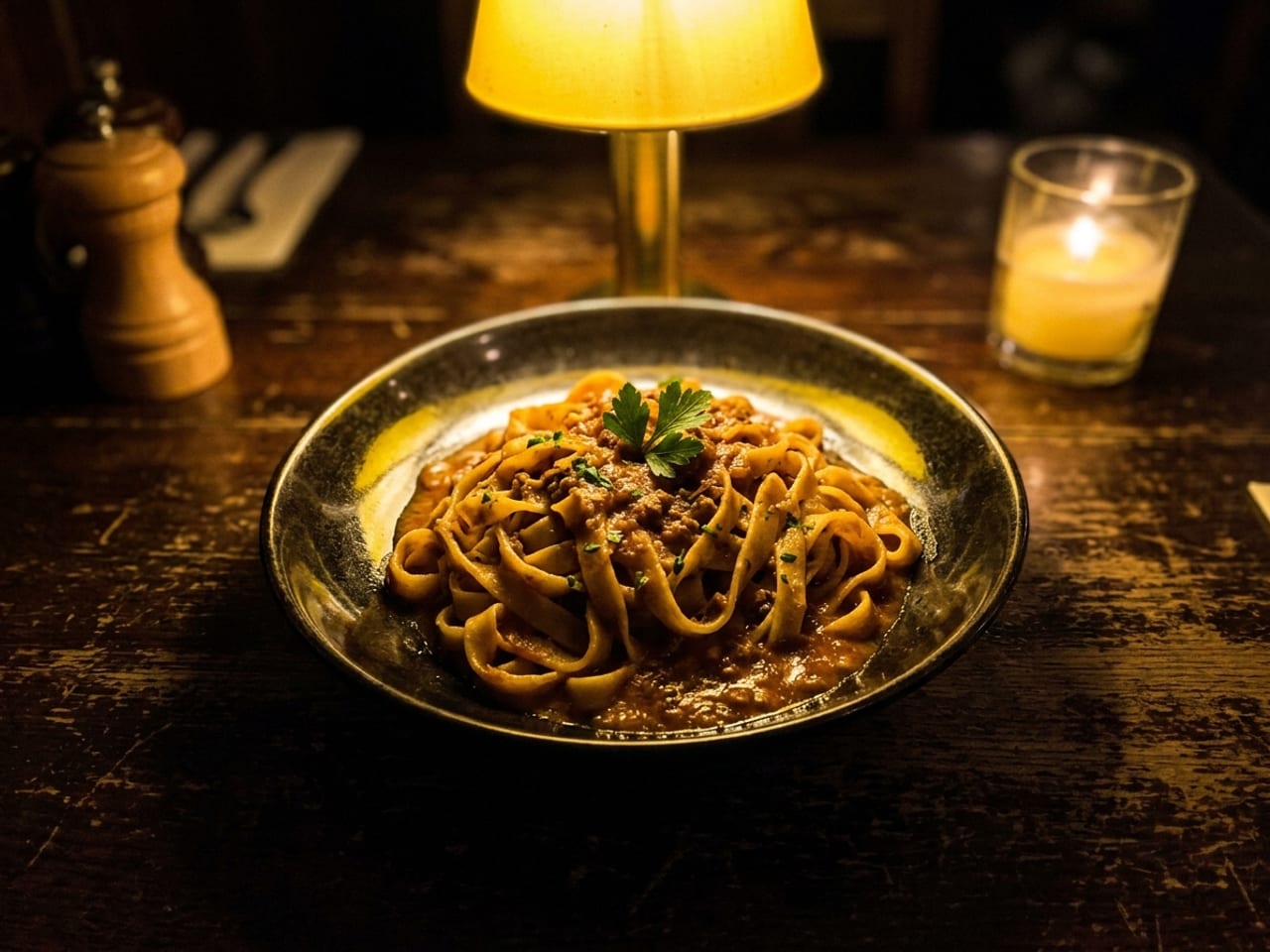 A dim, yellowish phone photo of a pasta special on a dark restaurant table