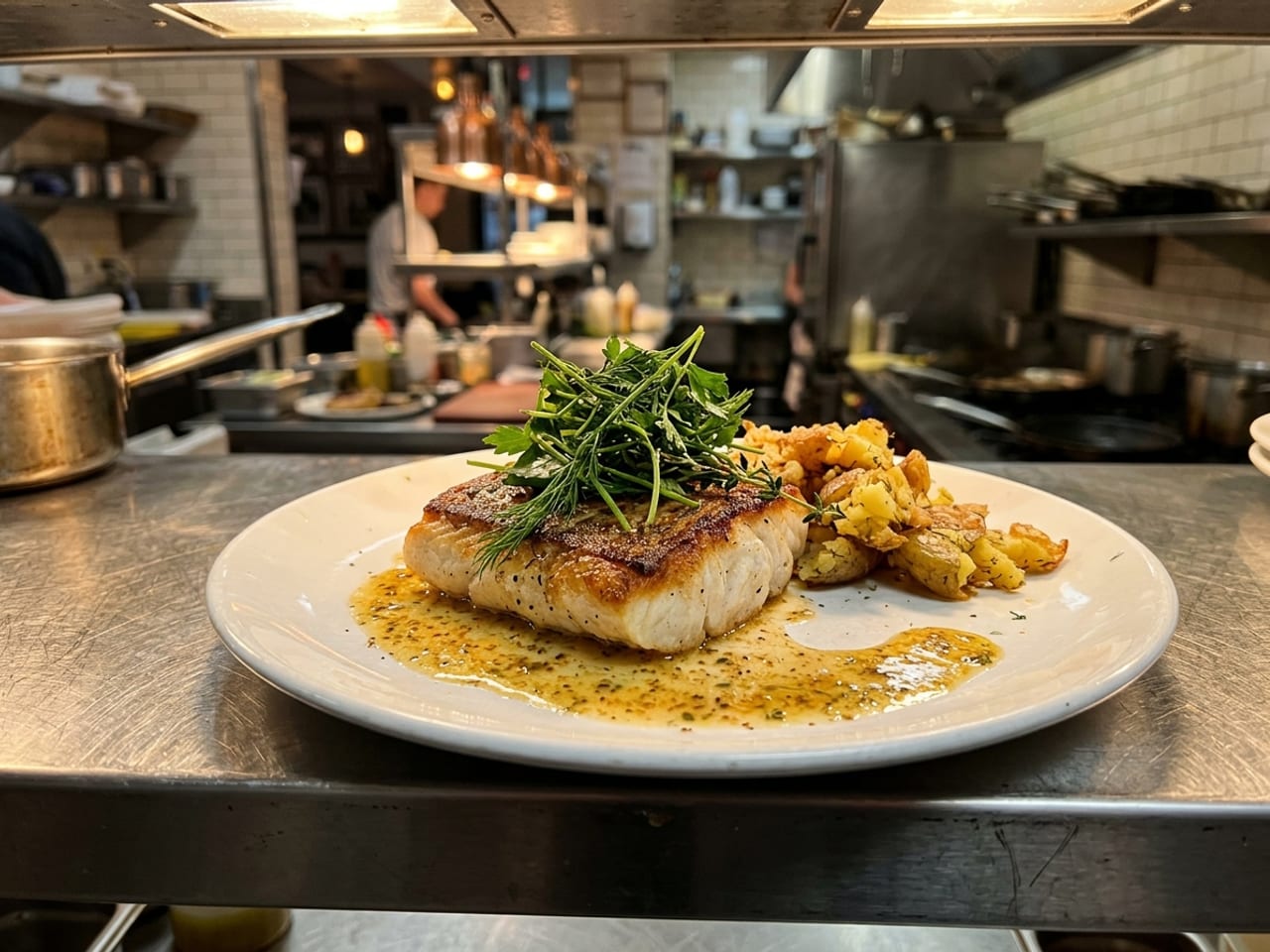 A seared fish plate at the pass with sauce smeared to the rim and herb stems dropped in a clump