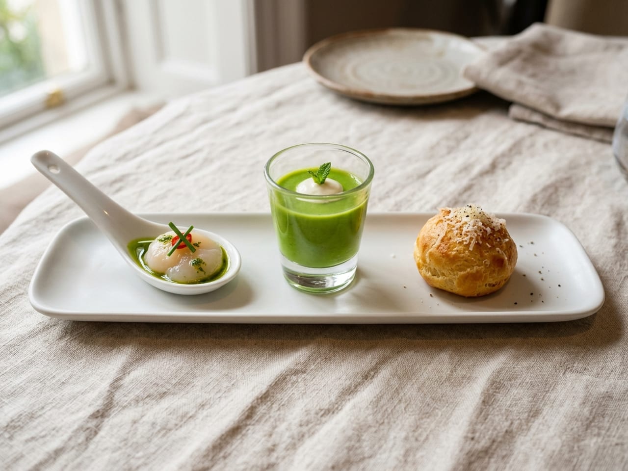 Three one-bite amuse-bouches on a long white porcelain tray on cream linen: a white Chinese soup spoon holding a raw scallop in green herb oil with chive and a sliver of red chilli, a shot glass of bright green chilled pea soup with a dot of crème fraîche and a mint leaf, and a golden cheese gougère