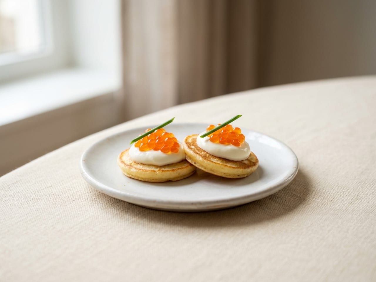 Two coin-sized golden blini on a small white plate, each topped with crème fraîche, glossy orange trout roe and a short chive tip