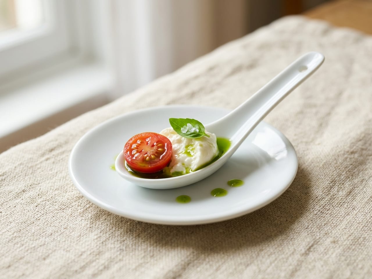 A white porcelain Chinese soup spoon on a small white plate holding a torn piece of creamy burrata, half a red cherry tomato, drops of green basil oil, a small basil leaf and a flake of salt