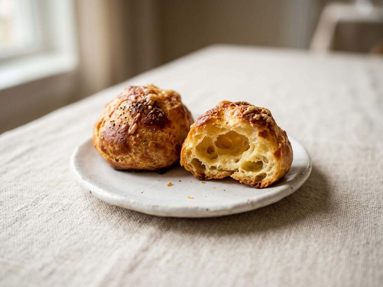 Two small golden cheese gougères on a small white plate, one broken open to show its hollow, custardy inside, browned Gruyère on top