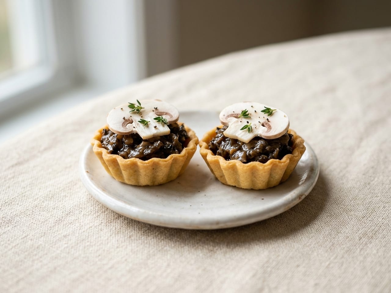 Two tiny fluted golden tartlets on a small white plate filled with dark glossy mushroom duxelles, each topped with a thin slice of raw mushroom and thyme leaves