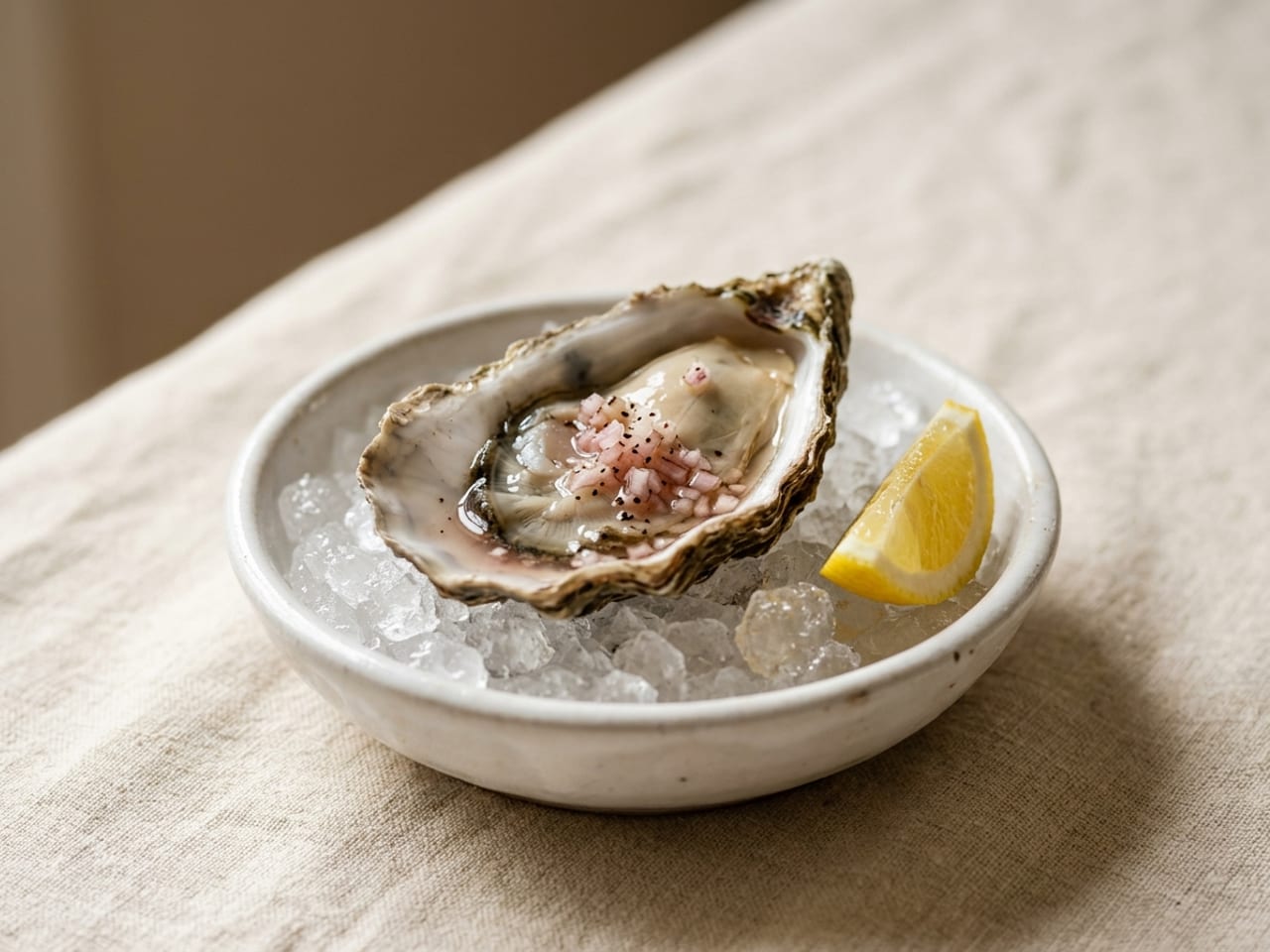 A raw oyster on its half shell on a bed of crushed ice in a white dish, topped with shallot mignonette and cracked black pepper, a small lemon wedge beside it