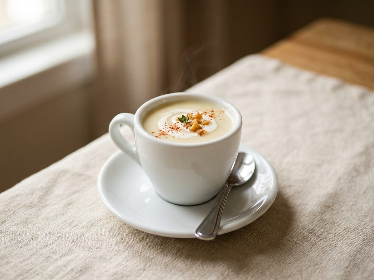 A small white espresso cup on its saucer filled with smooth ivory parsnip soup, a swirl of cream, a dusting of red paprika and golden parsnip crumbs on top, a tiny coffee spoon beside it