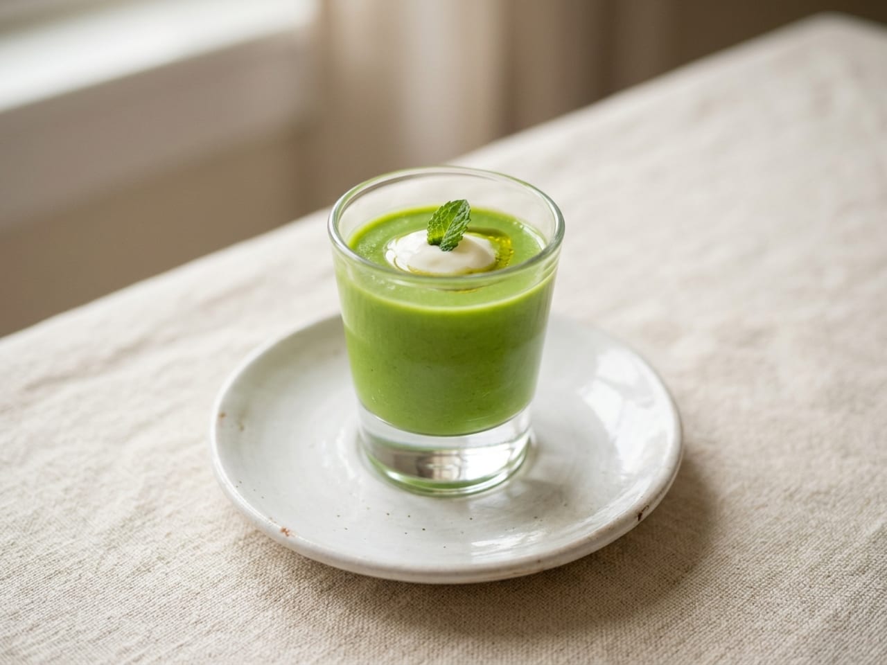 A small clear shot glass of smooth bright green chilled pea soup on a white saucer, a dot of white crème fraîche, a thread of olive oil and a tiny mint leaf on top
