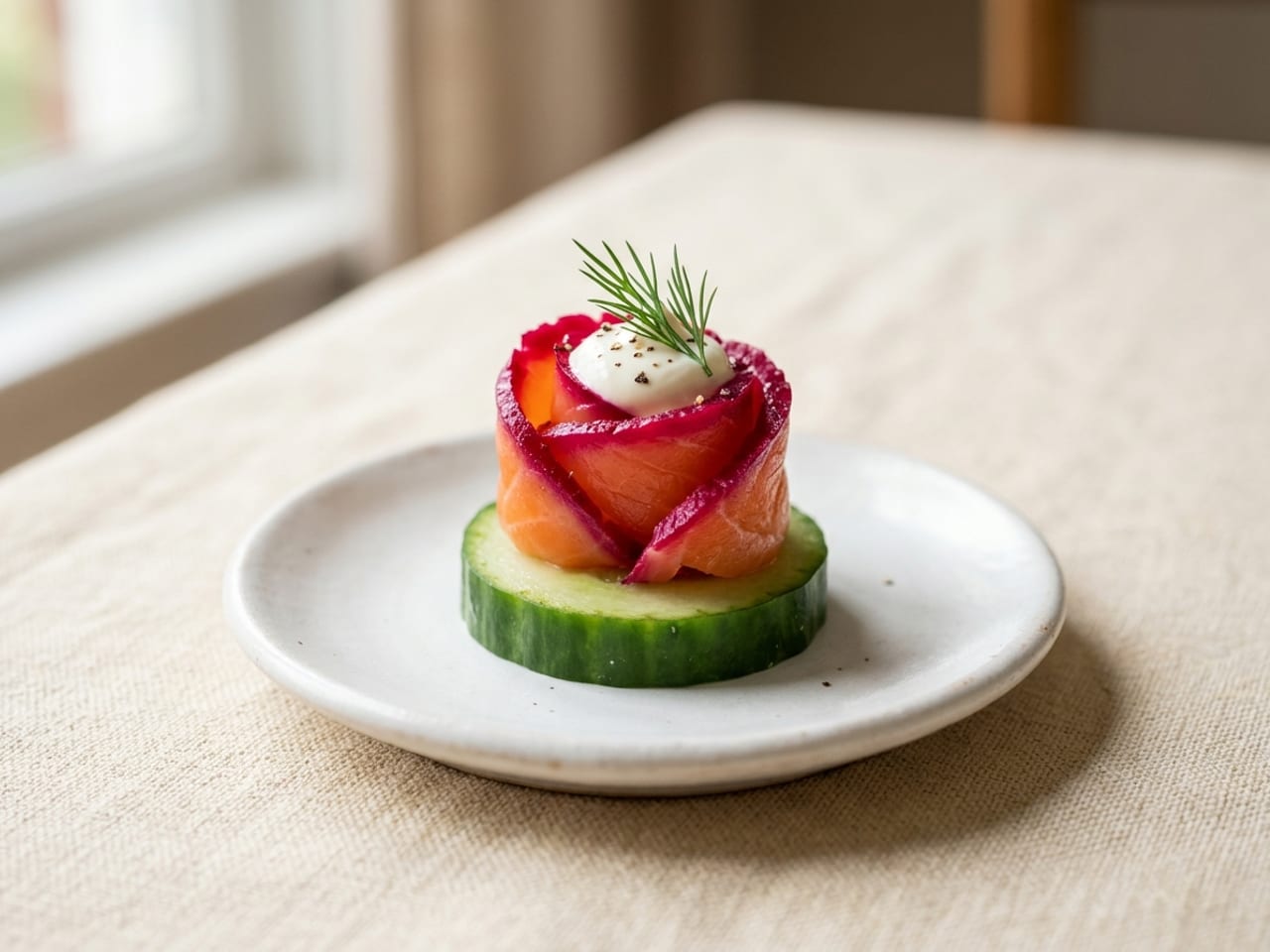 A thick round slice of cucumber on a small white plate topped with a rosette of beetroot-cured salmon with a magenta edge, a dot of crème fraîche and a sprig of dill