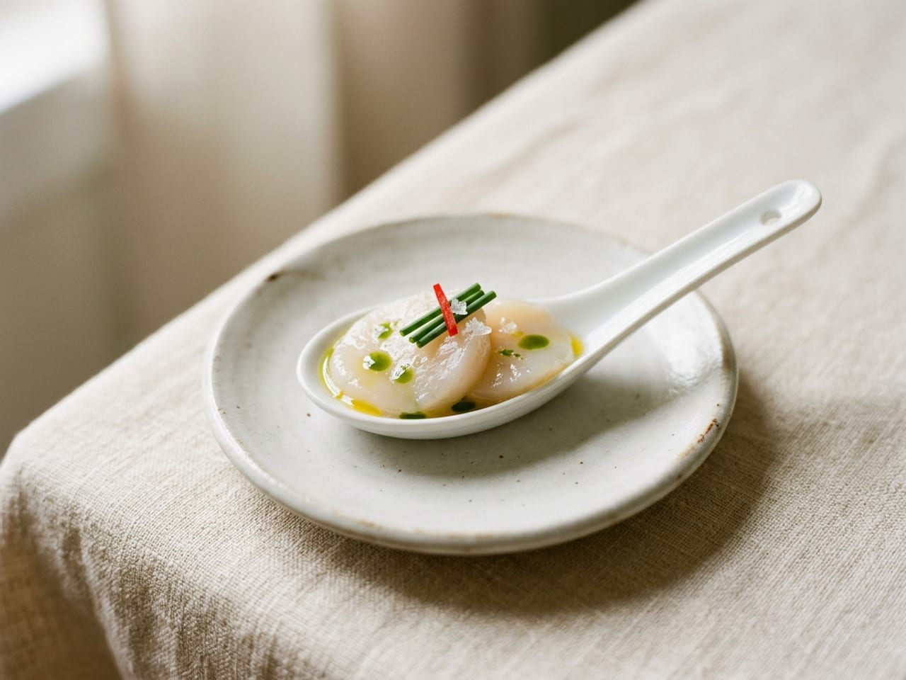 A white porcelain soup spoon on a small white plate holding thin slices of raw scallop dressed with citrus and green herb oil, chive batons, a sliver of red chilli and flakes of sea salt