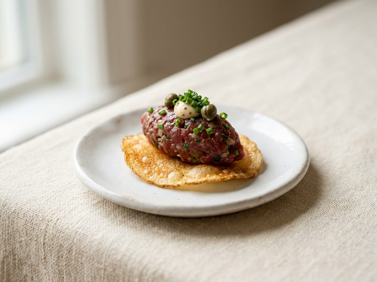 A golden potato crisp on a small white plate topped with a neat quenelle of hand-chopped beef tartare, a dot of mustard mayonnaise, a few capers and chopped chives
