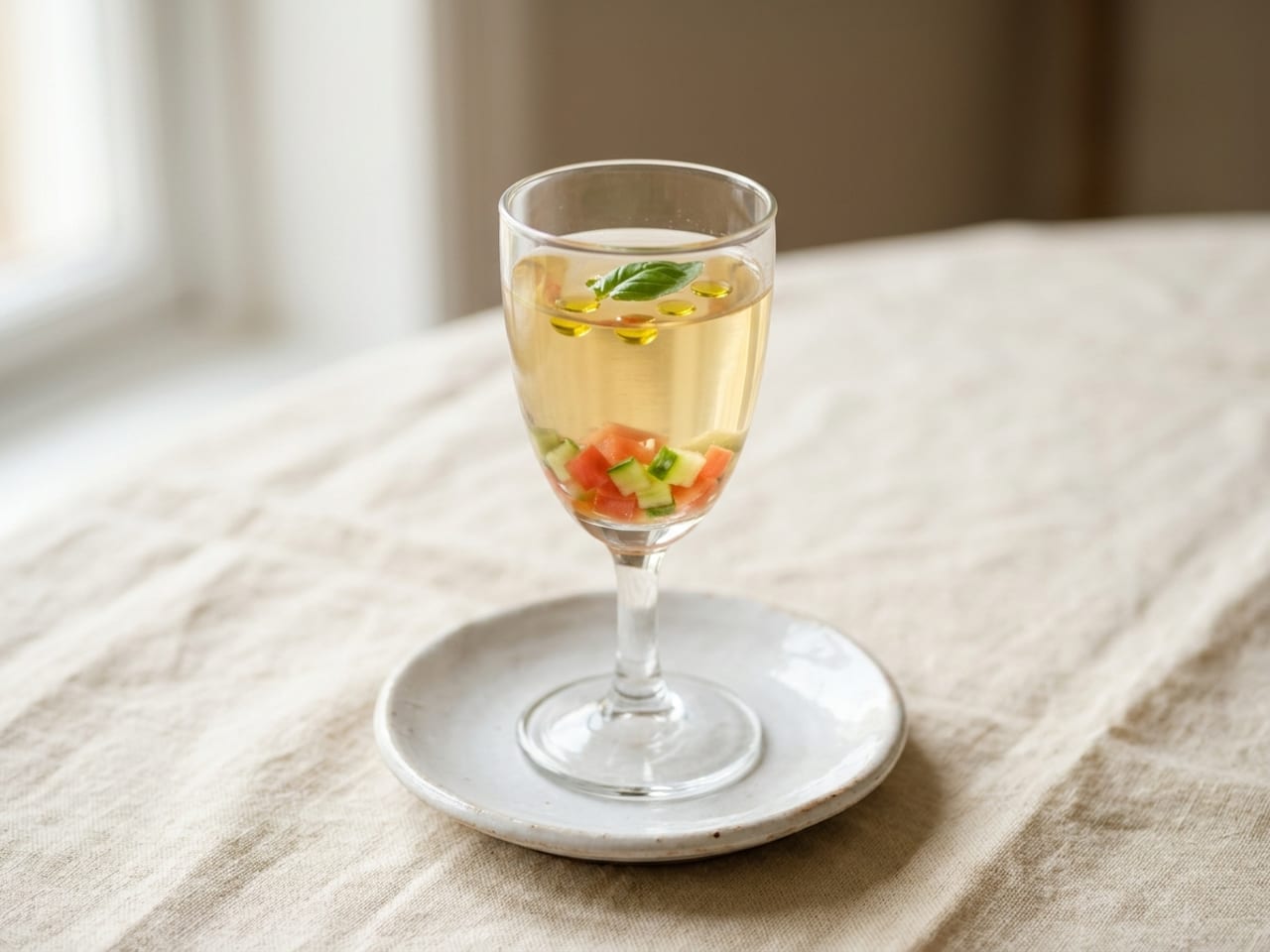 A small stemmed glass of clear pale-golden tomato water on a white saucer, tiny cubes of tomato and cucumber at the bottom, a small basil leaf and beads of olive oil floating on top