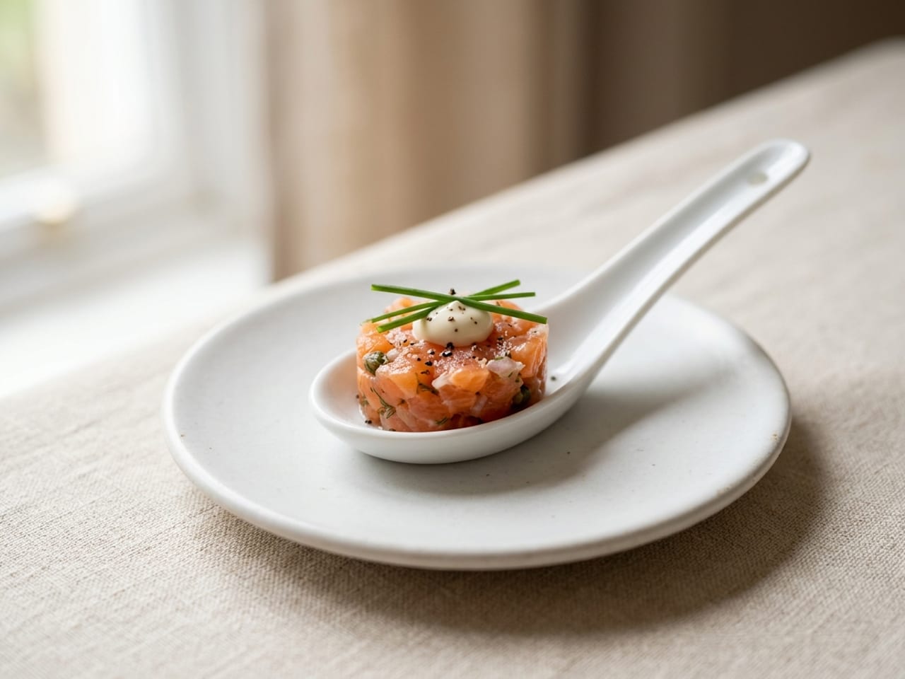 The same spoon and plate with one small neat mound of salmon tartare in the bowl of the spoon, a dot of crème fraîche, three chive batons and a little black pepper, the spoon and plate spotless