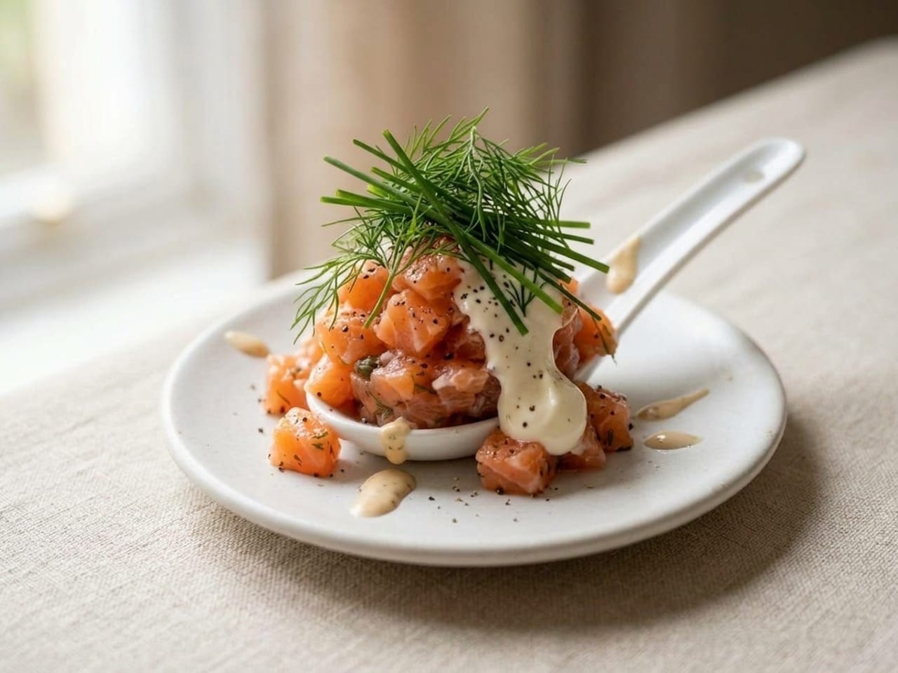 A white soup spoon on a small plate heaped with far too much salmon tartare spilling over the edges, a blob of crème fraîche sliding off, sauce smeared on the handle and the plate, and an untidy bunch of dill and chives
