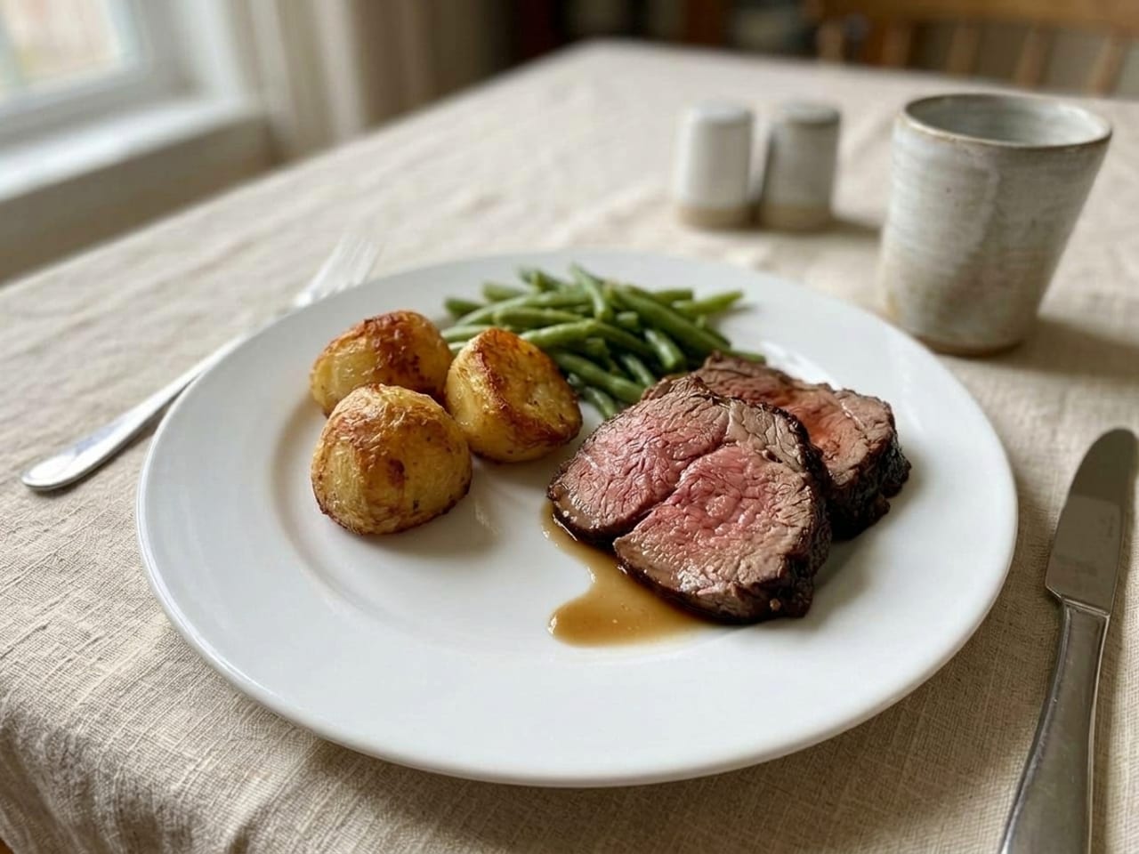 The same plate and camera angle with only a small neat pool of au jus under the fanned beef slices, the crust dry, the potatoes and beans grouped beside it and the rim wiped clean