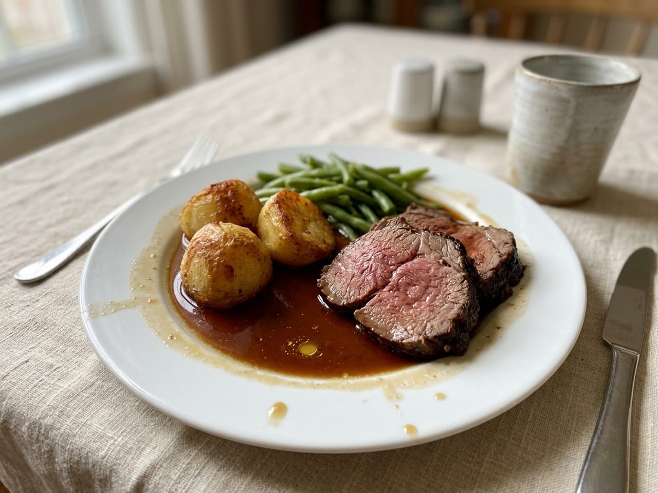 A home roast dinner on a standard white plate, slices of roast beef, roast potatoes and green beans flooded with thin dark au jus that soaks the beef crust and spreads to the rim