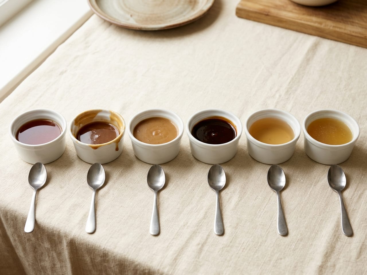 Six small white ramekins in a row on cream linen, left to right: thin translucent dark reddish-brown au jus, glossy slightly thicker brown jus lié, opaque thick light-brown gravy, very dark glossy demi-glace, pale amber consommé and golden beef broth