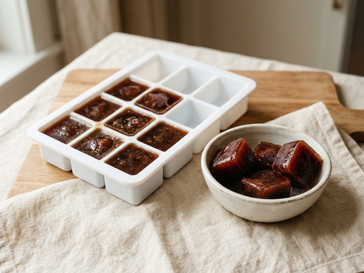 A plain white silicone ice-cube tray on a wooden board, half filled with frozen cubes of dark reddish-brown au jus, four cubes popped out into a small white bowl beside it
